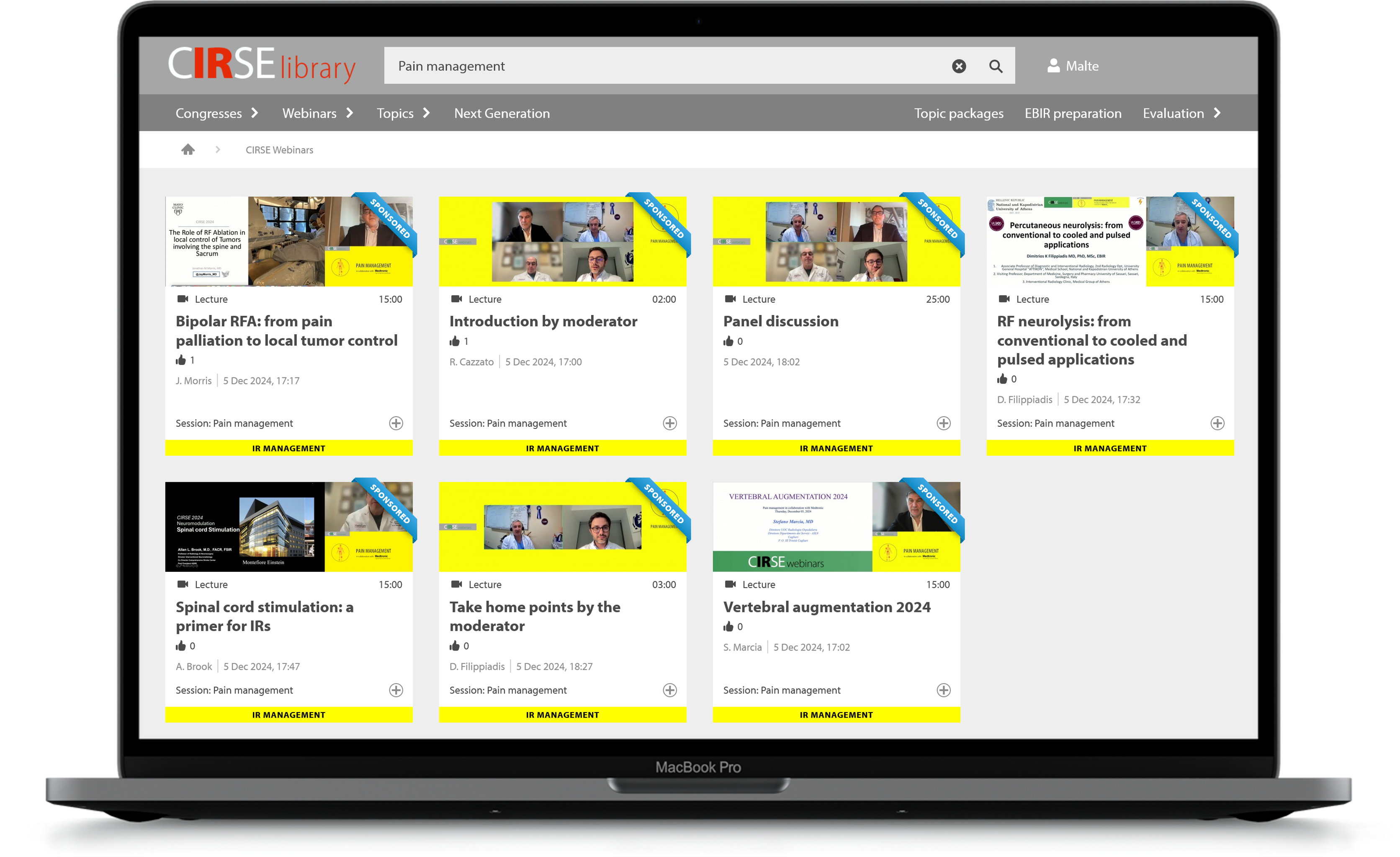 Screenshot showing CIRSE Library with webinars